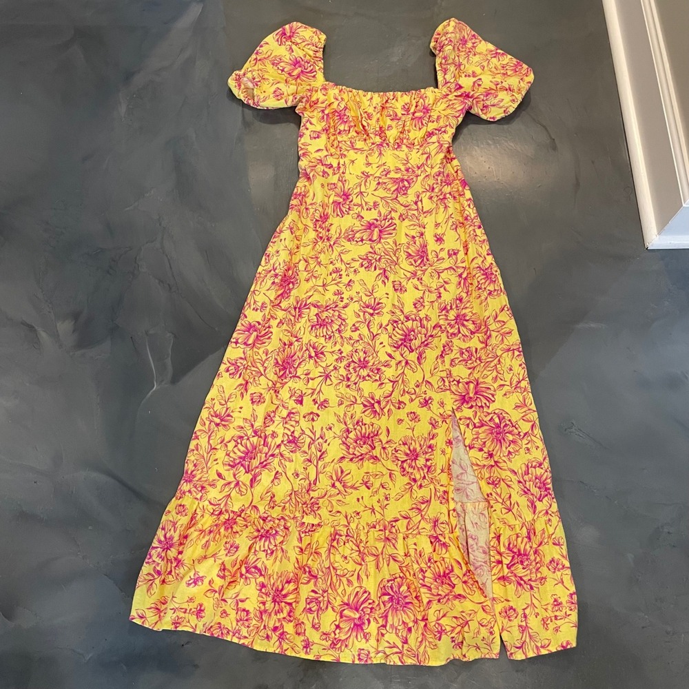 London Times Yellow Pink Floral Linen Smocked Puff Sleeve Maxi Dress 4 Milkmaid - Picture 2 of 9